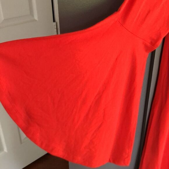 NWT LOFT flowy Orange/Red Rayon spandex bell sleeve V-neck dress size L - Picture 6 of 8